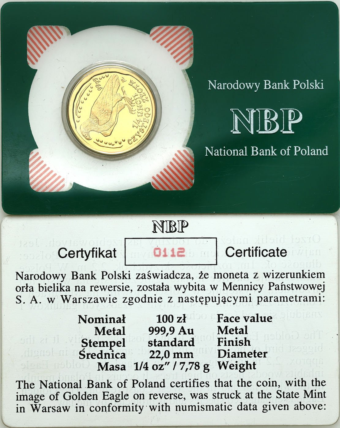 Polska. 100 złotych 1995 Orzeł Bielik – 1/4 UNCJI ZŁOTO